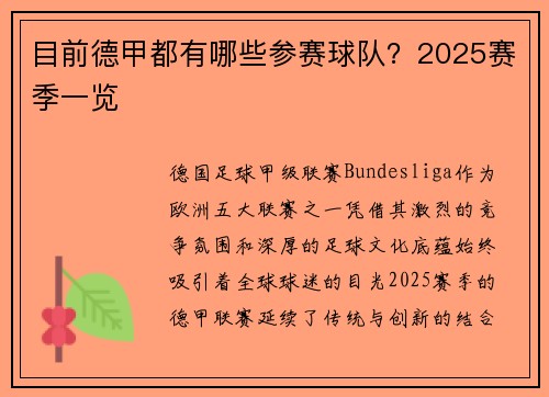 目前德甲都有哪些参赛球队？2025赛季一览
